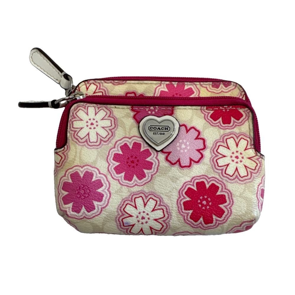 COACH FLORAL PRINT ACCORDION ZIP WALLET White and Pink Vintage 4.5 X 3.5" Coin